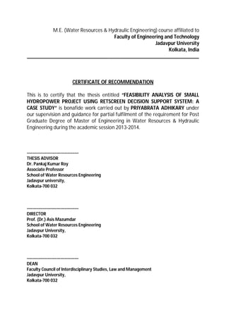 Reference For A Case Study FEASIBILITY ANALYSIS OF SMALL HYDRO POWER PROJECT USING RETSCREEN ...
