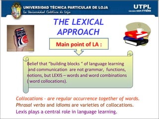 THE LEXICAL APPROACH Collocations – are regular occurrence together of words. Phrasal verbs  and  idioms  are varieties of collocations.   Lexis plays a central role in language learning.   Main point of LA : Belief that “building blocks “ of language learning and communication  are not grammar,  functions, notions, but LEXIS – words and word combinations  ( word collocations). 