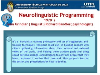 Neurolinguistic Programming 1970`s John Grindler ( linguist ) Richard Bandler( psychologist) It’s a  humanistic training philosophy and set of suggestions and  training techniques  therapist could use  in building rapport with clients, gathering information about their internal and external views of the world, and helping them achieve goals and bring about personal change , and designed to convince people that they have the power to control their own and other people’s lives for the better, and prescriptions on how to do that. 