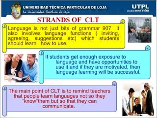 STRANDS OF  CLT Language is not just bits of grammar 907  it also involves language functions ( inviting, agreeing, suggestions etc) which students should learn  how to use.  If students get enough exposure to language and have opportunities to use it and if they are motivated, then language learning will be successful. The main point of CLT is to remind teachers that people learn languages not so they “know“them but so that they can communicate.  