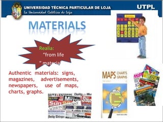 Authentic materials: signs,  magazines,  advertisements, newspapers,  use of maps, charts, graphs. Realia:   “ from life “ materials   