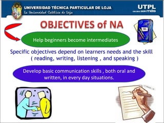 Specific objectives depend on learners needs and the skill ( reading, writing, listening , and speaking ) Help beginners become intermediates Develop basic communication skills , both oral and written, in every day situations. 