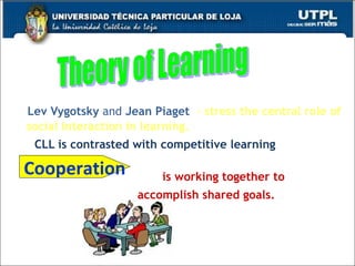 Lev Vygotsky  and  Jean Piaget   -  stress the central role of social interaction in learning. CLL is contrasted with competitive learning  is working together to  accomplish shared goals. Theory of Learning Cooperation 