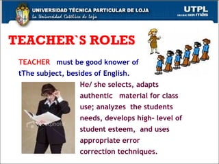 TEACHER`S ROLES TEACHER   must be good knower of  tThe subject, besides of English.  He/ she selects, adapts  authentic  material for class  use; analyzes  the students  needs, develops high- level of student esteem,  and uses appropriate error  correction techniques.  