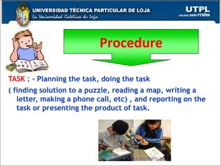 TASK   :  -  Planning the task, doing the task  ( finding solution to a puzzle, reading a map, writing a letter, making a phone call, etc) , and reporting on the task or presenting the product of task.  Procedure 