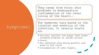 Symptoms:
They range from minor skin
problems to Endocarditis
(inflammation of the inner
lining of the heart).
The symptoms vary based on the
location and severity of the
infection. It usually starts
as:
• Swollen, painful red bumps that might
resemble pimples or spider bites;
• Fever.
• The affected area being painful and
warm to the touch
• Inflammation of some organs.
 