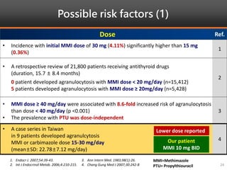 Possible risk factors (1)
24
Dose Ref.
• Incidence with initial MMI dose of 30 mg (4.11%) significantly higher than 15 mg
(0.36%)
1
• A retrospective review of 21,800 patients receiving antithyroid drugs
(duration, 15.7 ± 8.4 months)
0 patient developed agranulocytosis with MMI dose < 20 mg/day (n=15,412)
5 patients developed agranulocytosis with MMI dose ≥ 20mg/day (n=5,428)
2
• MMI dose ≥ 40 mg/day were associated with 8.6-fold increased risk of agranulocytosis
than dose < 40 mg/day (p <0.001)
• The prevalence with PTU was dose-independent
3
1. Endocr J. 2007;54:39-43.
2. Int J Endocrinol Metab. 2006;4:210-215.
3. Ann Intern Med. 1983;98(1):26.
4. Chang Gung Med J 2007;30:242-8
MMI=Methimazole
PTU= Propylthiouracil
• A case series in Taiwan
in 9 patients developed agranulcytosis
MMI or carbimazole dose 15-30 mg/day
(mean±SD: 22.78±7.12 mg/day)
4
Lower dose reported
Our patient
MMI 10 mg BID
 