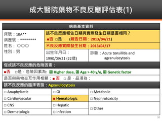 成大醫院藥物不良反應評估表(1)
30
病患基本資料
床號：10A**
病歷號：********
姓名： ○○○
性別：男
該不良反應報告日期與實際發生日期是否相同？
■否 □是 (報告日期：2013/04/21)
不良反應實際發生日期：2013/04/17
出生年月日：
1990/09/21 (22歲)
診斷：Acute tonsillitis and
agranulocytosis
促成該不良反應的危險因素：
■否 □是，危險因素為:
是否與藥物交互作用相關：■ 否 □ 是，品項為：
該不良反應的臨床表徵：Agranulocytosis
□ Anaphylactic □ GI □ Metabolic
□ Cardiovascular ■ Hematologic □ Nephrotoxicity
□ CNS □ Hepatic
□ Other
□ Dermatologic □ Infection
 Higher dose,  Age > 40 y/o,  Genetic factor
 