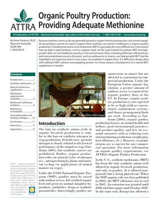 Organic Poultry Production:
                                          Providing Adequate Methionine
    A Publication of ATTRA – National Sustainable Agriculture Information Service • 1-800-346-9140 • www.attra.ncat.org

By Anne Fanatico, Ph.D,                   Because synthetic amino acids are generally banned in organic livestock production, and animal slaugh-
Research Associate,                       ter by-products cannot be used in organic feed, nutrition can present challenges in organic poultry
USDA ARS                                  production. Providing the amino acid methionine (MET) is generally the most difficult one. Feed rations
© 2010 NCAT                               that are high in plant proteins, such as soybean meal, can be used instead of synthetic MET, but high-
                                          protein diets are not healthy for poultry or the environment. Diets containing fishmeal, milk products,
                                          and nonconventional sources of protein, such as earthworms or insects, can help provide MET, but the
                                          ingredients are expensive and, in most cases, not available in organic form. It is difficult to design diets
                                          with sufficient MET without oversupplying protein. For these reasons, development of a natural MET
                                          supplement is needed.


 Contents                                                                                               omnivorous in nature but are
                                                                                                        often fed as vegetarians in com-
Introduction ......................1
                                                                                                        mercial production. Under the
Synthetic methionine ....2                                                                              European Union organic leg-
Natural methionine                                                                                      islation, a greater amount of
supplement .......................3
                                                                                                        outdoor access is required for
Methionine
requirements
                                                                                                        organic poultry than in the
of poultry ...........................3                                                                 US. In Europe, organic poul-
Methionine deficiency                                                                                   try production is not expected
problems ............................6                                                                  to be as high-yield as conven-
Methionine                                                                                              tional confinement systems,
in feedstuffs.......................7                                                                   and slower-growing meat birds
Formulating diets and                                                      Photo courtesy Alisha Staggs are used. According to Sun-
feeding strategies ........ 10
                                                                                                        drum (2006), organic poultry
Conclusions .....................11
References ...................... 12
                                          Introduction                                        production focuses on animal health and
                                                                                              welfare, good environmental practices,
Appendices .................... 15        The ban on synthetic amino acids in and product quality, and less on eco-
                                          organic livestock production is simi- nomic measures such as reducing costs
                                          lar to the ban on synthetic nitrogen in and maximizing production (weight gain,
                                          crop production. In both cases, protein/ feed efficiency, etc.). However, economic
                                          nitrogen is closely related to the level of returns are a concern for any commer-
                                          performance of the animal or crop (Sun- cial operation. For more information
                                          drum, 2005), but synthetic sources are on organic poultry requirements, see
                                          prohibited. Rather, organic produc- ATTRA’s Organic Poultry Production.
                                          tion relies on natural cycles of nitrogen
                                          (i.e., nitrogen-fixing by plants and nutri- In the U.S., synthetic methionine (MET)
ATTRA – National Sustainable              ent cycling via applications of animal has been the only synthetic amino acid
Agriculture Information Service
(www.ncat.attra.org) is managed           manure on crops).                                   allowed in organic livestock production,
by the National Center for Appro-                                                             and only in poultry. It is allowed tem-
priate Technology (NCAT) and is           Under the USDA National Organic Pro- porarily but is being phased out. When
funded under a grant from the
United States Department of               gram (NOP), poultry must be raised the NOP organic rule was first published
Agriculture’s Rural Business-             with outdoor access, fed certified organic in 2002, the MET allowance was to end
Cooperative Service. Visit the
NCAT Web site (www.ncat.org/              feed and given no animal slaughter by- in 2005. An extension was granted until
sarc_current.php) for                     products, antibiotics, drugs or synthetic 2008 and then again until October 2010.
more information on
our sustainable agri-                     parasiticides. Interestingly, poultry are In the same vein, Europe has allowed a
culture projects.
 