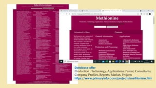 Database offer
Production , Technology, Applications, Patent, Consultants,
Company Profiles, Reports, Market, Projects
https://www.primaryinfo.com/projects/methionine.htm
 