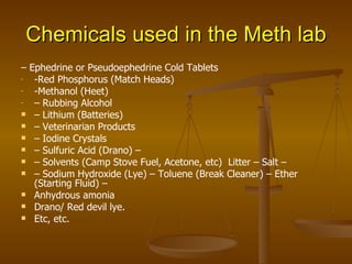Chemicals used in the Meth lab –  Ephedrine or Pseudoephedrine Cold Tablets -Red Phosphorus (Match Heads) -Methanol (Heet)  –  Rubbing Alcohol –  Lithium (Batteries)  –  Veterinarian Products  –  Iodine Crystals  –  Sulfuric Acid (Drano) – –  Solvents (Camp Stove Fuel, Acetone, etc)  Litter – Salt – –  Sodium Hydroxide (Lye) – Toluene (Break Cleaner) – Ether (Starting Fluid) – Anhydrous amonia Drano/ Red devil lye. Etc, etc. 