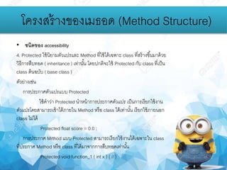 • ชนิดของ accessibility
4. Protected ใช้นิยามตัวแปรและ Method ที่ใช้ได้เฉพาะ class ที่สร้างขึ้นมาด้วย
วิธีการสืบทอด ( inheritance ) เท่านั้น โดยปกติจะใช้ Protected กับ class ที่เป็น
class ต้นฉบับ ( base class )
ตัวย่างเช่น
การประกาศตัวแปรแบบ Protected
ใช้คาว่า Protected นาหน้าการประกาศตัวแปร เป็นการเรียกใช้งาน
ตัวแปรโดยสามารถเข้าได้ภายใน Method หรือ class ได้เท่านั้น เรียกใช้ภายนอก
class ไม่ได้
Protected float score = 0.0 ;
การประกาศ Mrthod แบบ Protected สามารถเรียกใช้งานได้เฉพาะใน class
ที่ประกาศ Method หรือ class ที่ได้มาจากการสืบทอดเท่านั้น
Protected void function_1 ( int x ) { // }
โครงสร้างของเมธอด (Method Structure)
 
