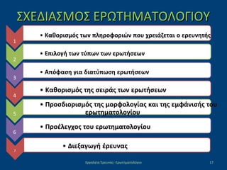 1
2
3
4
5
6
7
• Καθορισμός των πληροφοριών που χρειάζεται ο ερευνητής
• Επιλογή των τύπων των ερωτήσεων
• Απόφαση για διατύπωση ερωτήσεων
• Καθορισμός της σειράς των ερωτήσεων
• Προσδιορισμός της μορφολογίας και της εμφάνισής του
ερωτηματολογίου
• Προέλεγχος του ερωτηματολογίου
• Διεξαγωγή έρευνας
ΣΧΕΔΙΑΣΜΟΣ ΕΡΩΤΗΜΑΤΟΛΟΓΙΟΥΣΧΕΔΙΑΣΜΟΣ ΕΡΩΤΗΜΑΤΟΛΟΓΙΟΥ
17Εργαλεία Έρευνας- Ερωτηματολόγιο
 