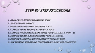 STEP BY STEP PROCEDURE
1. DRAW CROSS-SECTION TO NATURAL SCALE
2. SELECT FAILURE SURFACE
3. DIVIDE THE FAILURE MASS INTO SOME SLICES
4. COMPUTE TOTAL WEIGHT ( WT ) OF EACH SLICE
5. COMPUTE FRICTIONAL RESISTING FORCE FOR EACH SLICE N TANΦ – UL
6. COMPUTE COHESIVE RESISTING FORCE FOR EACH SLICE CL
7. COMPUTE TANGENTIAL DRIVING FORCE (T) FOR EACH SLICE
8. SUM RESISTING AND DRIVING FORCES FOR ALL SLICES AND COMPUTE FS
 