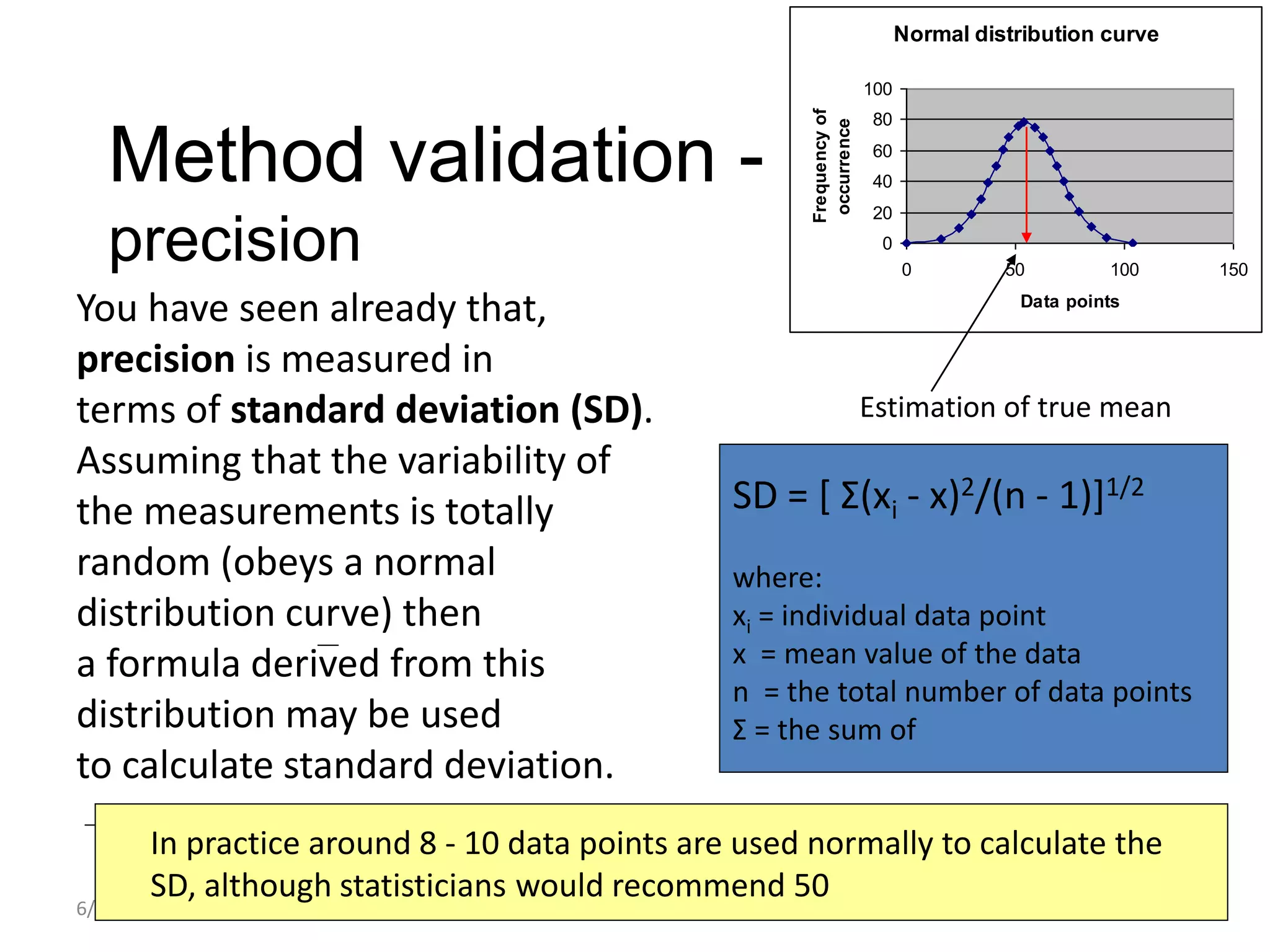 Method validation -
precision
6/24/2021 K.K. Nayak 26
You have seen already that,
precision is measured in
terms of standard deviation (SD).
Assuming that the variability of
the measurements is totally
random (obeys a normal
distribution curve) then
a formula derived from this
distribution may be used
to calculate standard deviation.
SD = [ Σ(xi - x)2/(n - 1)]1/2
where:
xi = individual data point
x = mean value of the data
n = the total number of data points
Σ = the sum of
Normal distribution curve
0
20
40
60
80
100
0 50 100 150
Data points
Frequency
of
occurrence
Estimation of true mean
In practice around 8 - 10 data points are used normally to calculate the
SD, although statisticians would recommend 50
 