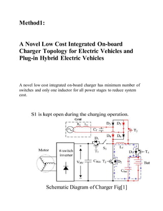 Method1:
A Novel Low Cost Integrated On-board
Charger Topology for Electric Vehicles and
Plug-in Hybrid Electric Vehicles
A novel low cost integrated on-board charger has minimum number of
switches and only one inductor for all power stages to reduce system
cost.
Schematic Diagram of Charger Fig[1]
 