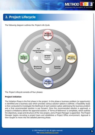 2. Project Lifecycle

The following diagram outlines the Project Life-Cycle.




The Project Lifecycle consists of four phases:

Project Initiation

The Initiation Phase is the first phase in the project. In this phase a business problem (or opportunity)
is identified and a business case which provides various solution options is defined. A feasibility study
is then conducted to investigate the likelihood of each solution option addressing the business problem
and a final recommended solution is put forward. Once the recommended solution is approved, a
project is initiated to deliver the approved solution. A ‘Terms of Reference’ is completed, which outlines
the objectives, scope and structure of the new project, and a Project Manager is appointed. The Project
Manager begins recruiting a project team and establishes a Project Office environment. Approval is
then sought to move into the detailed planning phase.




                                 © 2003 Method123 Ltd. All rights reserved.
                                      Visit www.method123.com
                                                                                                             
 