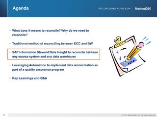 13 © 2014 Method360, Inc. All rights reserved. 
RECONCILING YOUR EDW MMeetthhoodd336600 
• What does it means to reconcile? Why do we need to 
reconcile? 
• Traditional method of reconciling between ECC and BW 
• SAP Information Steward Data Insight to reconcile between 
any source system and any data warehouse 
• Leveraging Automation to implement data reconciliation as 
part of a quality assurance program 
• Key Learnings and Q&A 
Agenda 
 