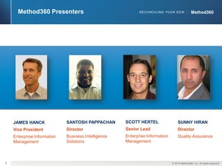 ©2014 Method360, Inc. All rightsreserved. 
2 
Method360 
Method360 
RECONCILING YOUR EDW 
Method360 Presenters 
JAMES HANCK 
Vice President 
Enterprise Information Management 
SANTOSH PAPPACHAN 
Director 
Business Intelligence 
Solutions 
SUNNY HIRAN 
Director 
Quality Assurance 
SCOTT HERTEL 
Senior Lead 
Enterprise Information Management  