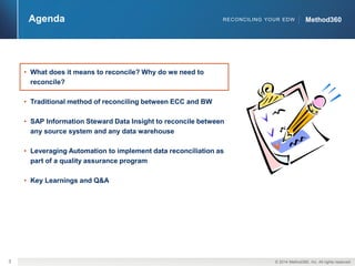 3 © 2014 Method360, Inc. All rights reserved. 
RECONCILING YOUR EDW MMeetthhoodd336600 
• What does it means to reconcile? Why do we need to 
reconcile? 
• Traditional method of reconciling between ECC and BW 
• SAP Information Steward Data Insight to reconcile between 
any source system and any data warehouse 
• Leveraging Automation to implement data reconciliation as 
part of a quality assurance program 
• Key Learnings and Q&A 
Agenda 
 