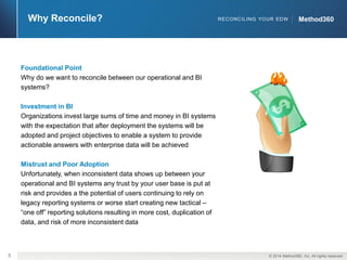 ©2014 Method360, Inc. All rightsreserved. 
5 
Method360 
Method360 
RECONCILING YOUR EDW 
Foundational Point 
Why do we want to reconcile between our operational and BI systems? 
Investment in BI 
Organizations invest large sums of time and money in BI systems with the expectation that after deployment the systems will be adopted and project objectives to enable a system to provide actionable answers with enterprise data will be achieved 
Mistrust and Poor Adoption 
Unfortunately, when inconsistent data shows up between your operational and BI systems any trust by your user base is put at risk and provides a the potential of users continuing to rely on legacy reporting systems or worse start creating new tactical – “one off” reporting solutions resulting in more cost, duplication of data, and risk of more inconsistent data 
Why Reconcile?  
