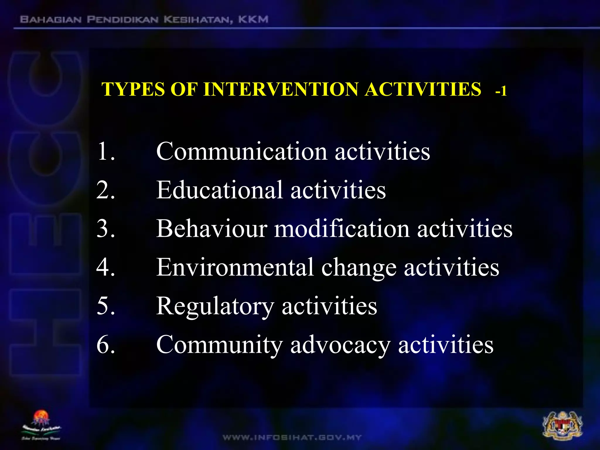 TYPES OF INTERVENTION ACTIVITIES -1
1. Communication activities
2. Educational activities
3. Behaviour modification activities
4. Environmental change activities
5. Regulatory activities
6. Community advocacy activities
 
