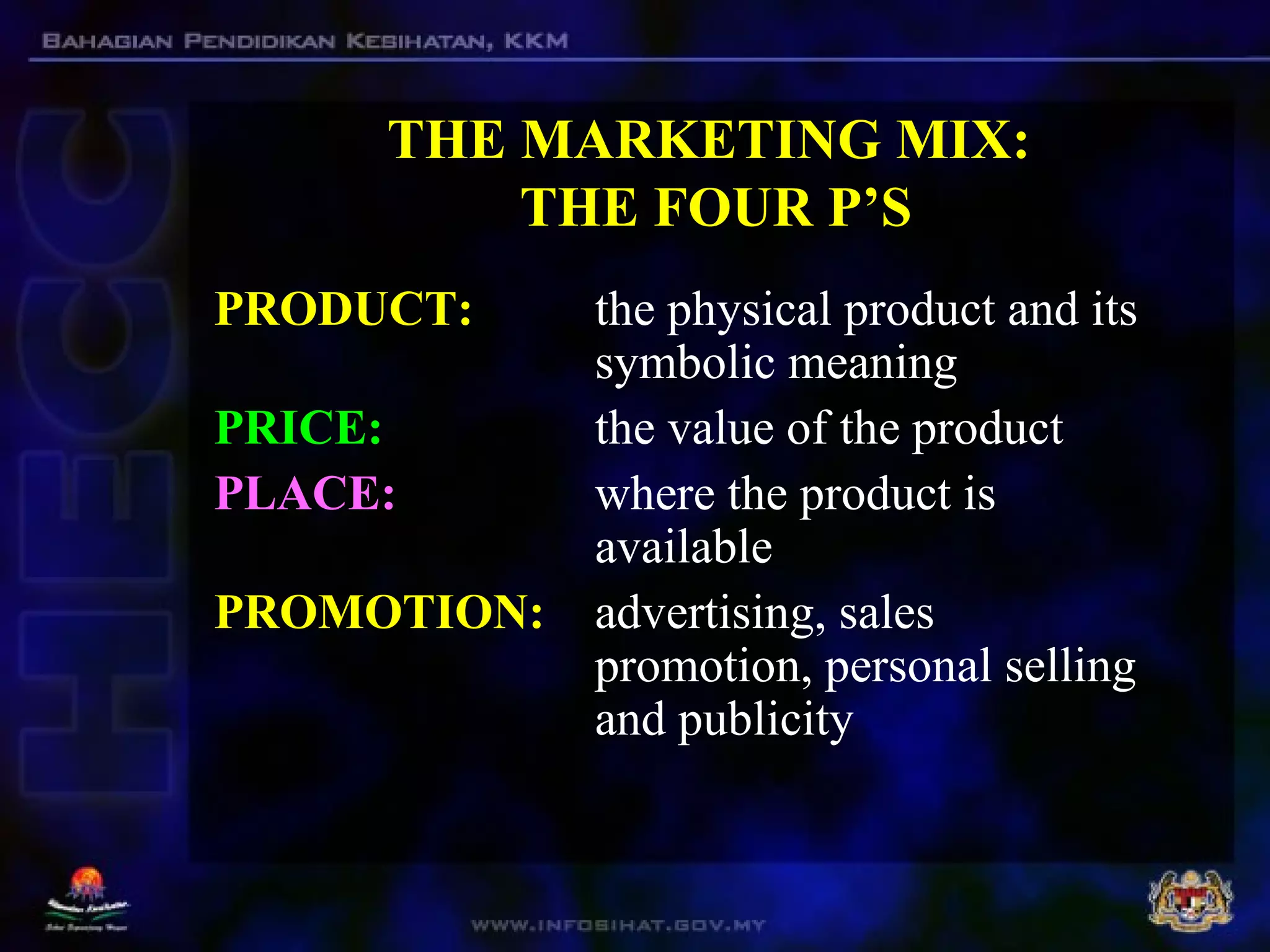 THE MARKETING MIX:
THE FOUR P’S
PRODUCT: the physical product and its
symbolic meaning
PRICE: the value of the product
PLACE: where the product is
available
PROMOTION: advertising, sales
promotion, personal selling
and publicity
 