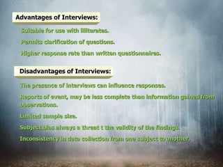 Advantages of Interviews:
Suitable for use with illiterates.
Permits clarification of questions.
Higher response rate than written questionnaires.
Disadvantages of Interviews:
The presence of interviews can influence responses.
Reports of event, may be less complete than information gained from
observations.
Limited sample size.
Subject bias always a threat t the validity of the findings.
Inconsistency in data collection from one subject to another.
 