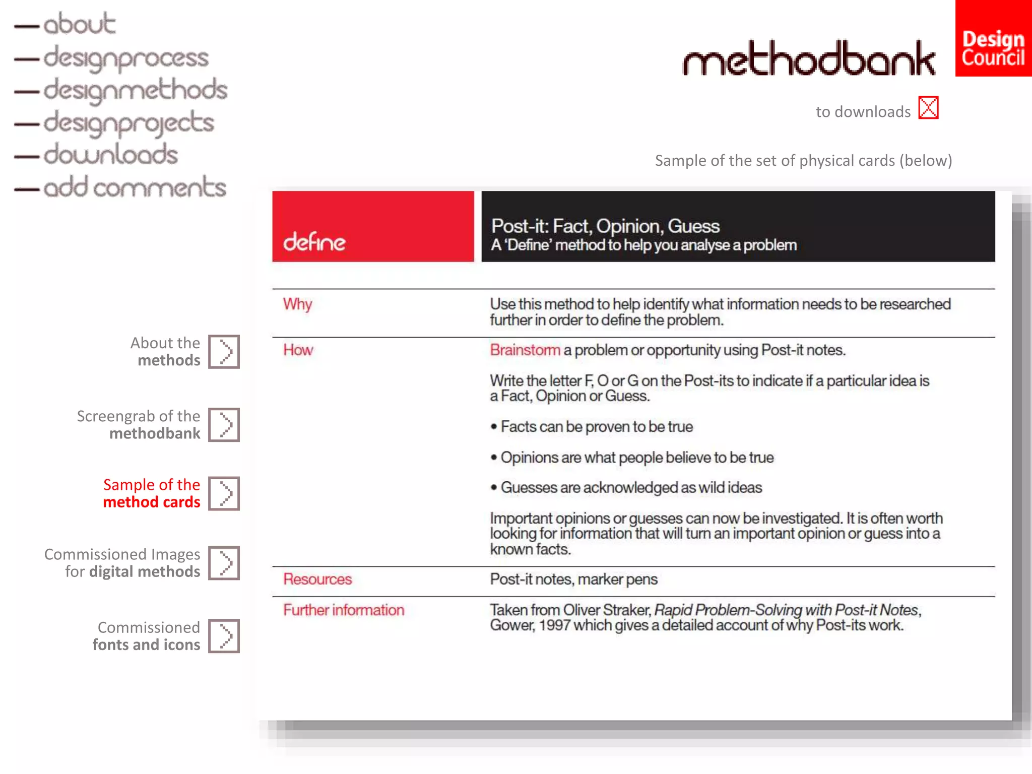 Sample of the set of physical cards (below)
Screengrab of the
methodbank
Sample of the
method cards
Commissioned Images
for digital methods
About the
methods
Commissioned
fonts and icons
to downloads
 