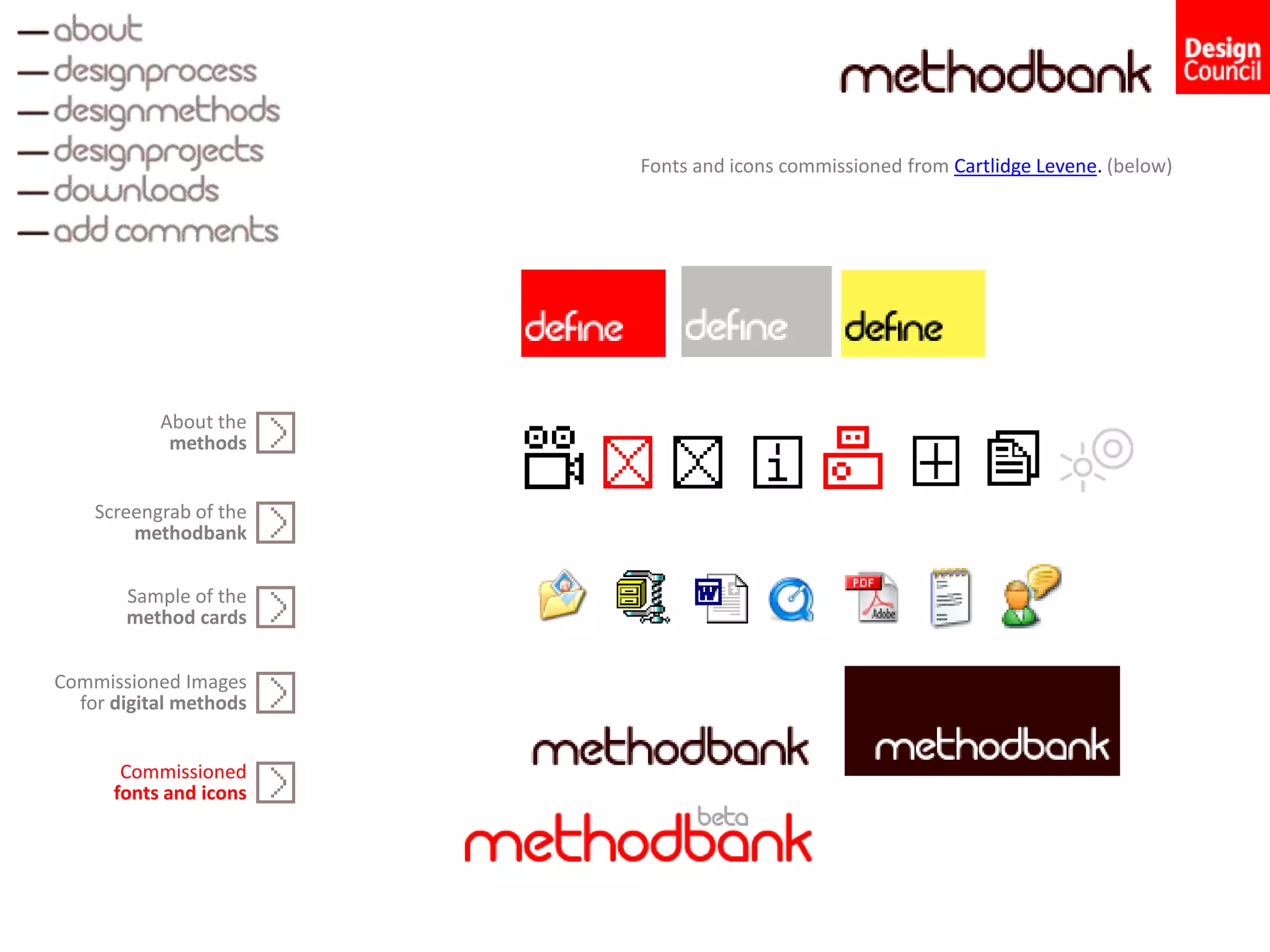 Screengrab of the
methodbank
Sample of the
method cards
Commissioned Images
for digital methods
About the
methods
Commissioned
fonts and icons
Fonts and icons commissioned from Cartlidge Levene. (below)
 
