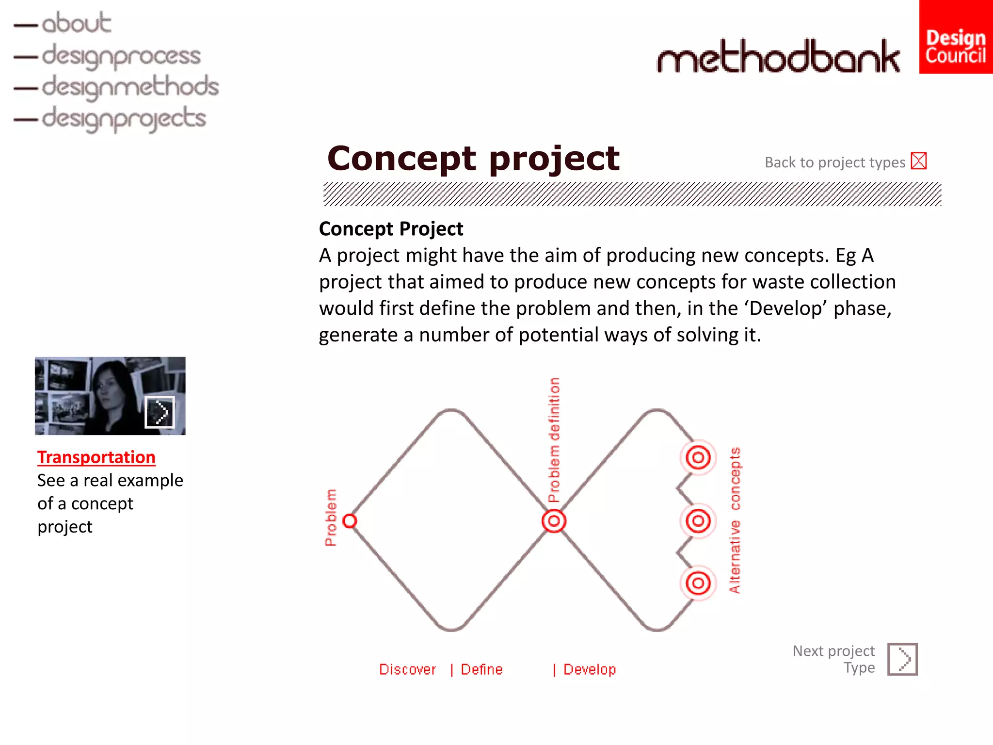Concept project
Concept Project
A project might have the aim of producing new concepts. Eg A
project that aimed to produce new concepts for waste collection
would first define the problem and then, in the ‘Develop’ phase,
generate a number of potential ways of solving it.
Back to project types
Transportation
See a real example
of a concept
project
Next project
Type
 