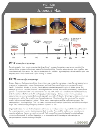 METHOD 
Journey Map 
WHY use a journey map 
To gain empathy for a person or understanding of one’s process through an experience, consider the 
details of that process to illuminate areas of potential insights. Creating a journey map is an excellent way 
to systematically think about the steps or milestones of a process. A journey map can be used for your own 
empathy work, or to communicate your findings to others. 
HOW to use a journey map 
Create diagrams that capture multiple observations, e.g. a map of a user’s day, a map of a user’s experience, 
or a map of how a product moves through space and time (from manufacturing to store shelf to user’s 
hands). Consider a process or journey that is relevant, or even tangential to, your problem space. For 
example, you could consider your user’s morning breakfast routine. You could capture every event of one 
person’s exercise in a month – and consider who she was with, where she came from, where she exercised, 
and where she went afterwards. Or perhaps you are developing a dating service website; you could 
document every communication between two people before the first date. One important concern is to be 
comprehensive within the variables you choose to capture. (Don’t overlook the opening of the window 
shades in the morning breakfast routine.) What seems meaningless, could actually be the nugget that 
develops into a stunning insight. You can create a journey map based on observation and interview – or you 
might ask a user to draw a journey map and then explain it to you. 
Organize the data in a way that makes sense: a timeline of events, a number of parallel timelines that allows 
for easy comparison, a series of pictures, or a stack of cards. Then look for patterns and anomalies and 
question why those themes or events occurred. Push yourself to connect individual events to a larger 
context or framework. It is often the pairing of an observation with the designer’s knowledge and 
perspective that yields a meaningful insight. 
:: 16 :: 
 