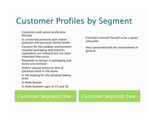     Customers with green preference
     lifestyle
                                                  Considers himself/herself to be a green
    Is concerned primarily with indoor
                                                   consumer
     pollution and personal/family health
    Concern for the outdoor environment:         Very concerned with the environment in
     recycled packaging and organics               general
     ingredients are relevant but not more
     important than price
    Responds to design in packaging and
     home environment
    Prefers natural aroma to that of
     chemical smell in the home
    Is not looking for the absolute lowest
     price
    Is likely female
    Is likely between ages of 25 and 50


Customer Segment One                          Customer Segment Two
 
