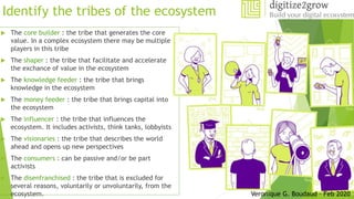 Identify the tribes of the ecosystem
 The core builder : the tribe that generates the core
value. In a complex ecosystem there may be multiple
players in this tribe
 The shaper : the tribe that facilitate and accelerate
the exchance of value in the ecosystem
 The knowledge feeder : the tribe that brings
knowledge in the ecosystem
 The money feeder : the tribe that brings capital into
the ecosystem
 The influencer : the tribe that influences the
ecosystem. It includes activists, think tanks, lobbyists
 The visionaries : the tribe that describes the world
ahead and opens up new perspectives
 The consumers : can be passive and/or be part
activists
 The disenfranchised : the tribe that is excluded for
several reasons, voluntarily or unvoluntarily, from the
ecosystem. Veronique G. Boudaud – Feb 2020
 