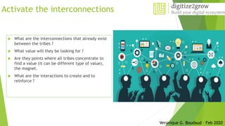 Activate the interconnections
 What are the interconnections that already exist
between the tribes ?
 What value will they be looking for ?
 Are they points where all tribes concentrate to
find a value (it can be different type of value),
the magnet.
 What are the interactions to create and to
reinforce ?
Veronique G. Boudaud – Feb 2020
 