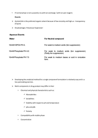 • If normal phase is not successful, try with ion exchange / with ion pair reagent. 
Eluents 
 Acetonitrile is the preferred organic solvent because of low viscosity and high uv - transparency (If pure) 
 Disadvantages: Poisonous! Expensive! 
AAqquueeoouuss EElluueennttss 
WWaatteerr 
FFoorr NNeeuuttrraall ccoommppoouunndd 
1100mmMM HH33PPOO44 PPHH 22.. 
FFoorr wweeaakk ttoo mmeeddiiuumm aacciiddss ((IIoonn ssuupppprreessssiioonn)) 
1100mmMM PPhhoosspphhaattee PPHH 44..00 
FFoorr wweeaakk ttoo mmeeddiiuumm aacciiddss ((IIoonn ssuupppprreessssiioonn)) ((PPaarrttllyy IIoonn ssuupppprreessssiioonn)) 
1100mmMM PPhhoosspphhaattee PPHH 77..55 
FFoorr wweeaakk ttoo mmeeddiiuumm bbaasseess oorr aacciidd iinn iioonniizzaattiioonn ffoorrmm 
 Developing the analytical method for a single component formulation is relatively easy and is a less painstaking exercise . 
 Multi-components in drug product may differ in their 
• Chemical and physical characteristics such as: 
 Absorptivities 
 Solubilities 
 Stability with respect to pH and temperature 
 pKa and pKb 
 Polarity 
• Compatibility with mobile phase 
• Concentration 
 