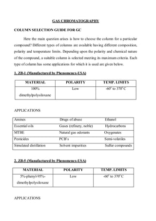 GAS CHROMATOGRAPHY 
COLUMN SELECTION GUIDE FOR GC 
Here the main question arises is how to choose the column for a particular compound? Different types of columns are available having different composition, polarity and temperature limits. Depending upon the polarity and chemical nature of the compound, a suitable column is selected meeting its maximum criteria. Each type of column has some applications for which it is used are given below. 
1. ZB-1 (Manufactured by Phenomenex-USA) 
MATERIAL 
POLARITY 
TEMP. LIMITS 
100% dimethylpolysiloxane 
Low 
-60o to 370o C 
APPLICATIONS 
Amines Drugs of abuse Ethanol 
Essential oils Gases (refinery, noble) Hydrocarbons 
MTBE Natural gas odorants Oxygenates 
Pesticides PCB’s Semi-volatiles 
Simulated distillation Solvent impurities Sulfur compounds 
2. ZB-5 (Manufactured by Phenomenex-USA) 
MATERIAL 
POLARITY 
TEMP. LIMITS 
5%-phenyl-95%- dimethylpolysiloxane 
Low 
-60o to 370o C 
APPLICATIONS  