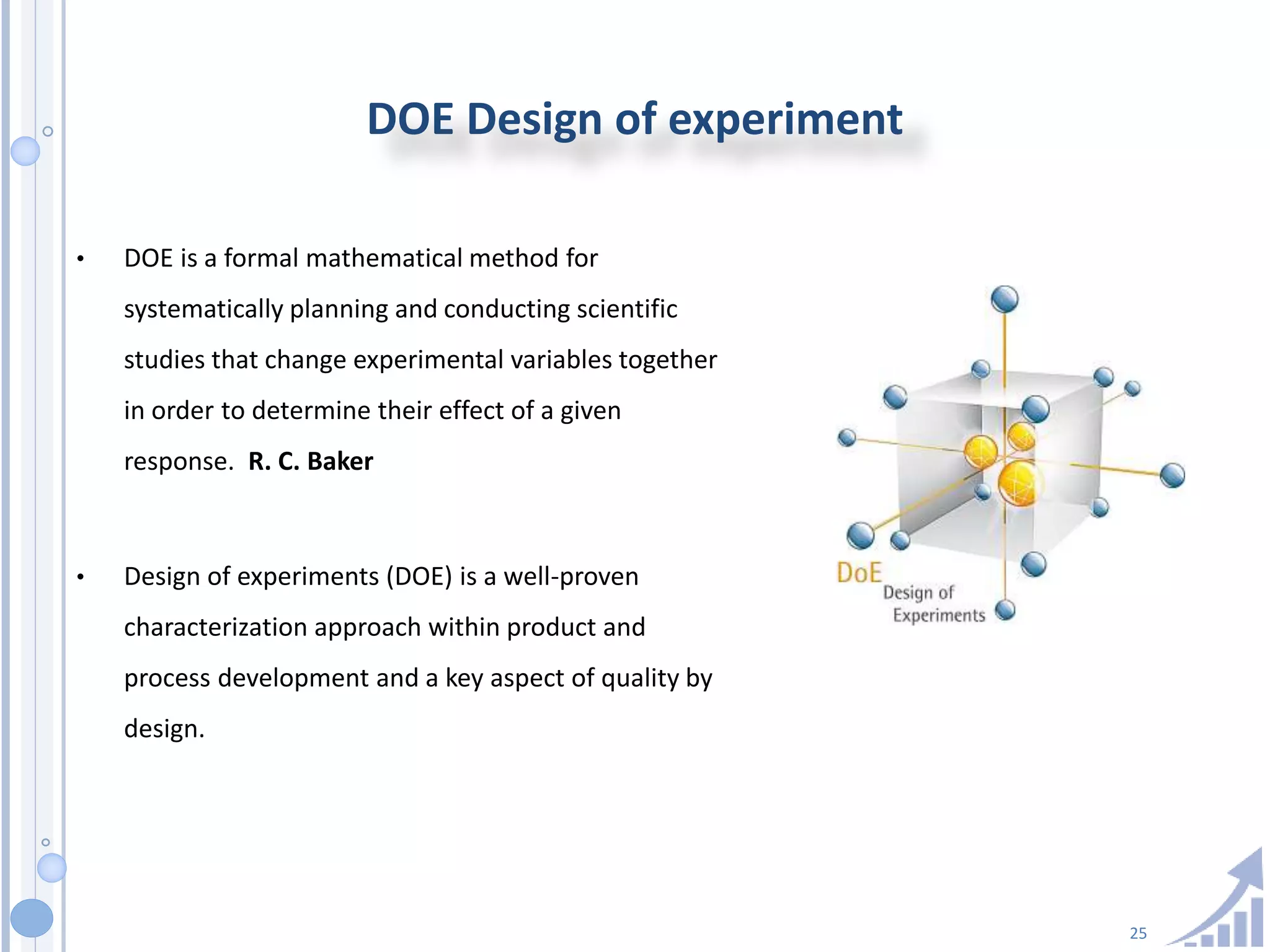 25
DOE Design of experiment
• DOE is a formal mathematical method for
systematically planning and conducting scientific
studies that change experimental variables together
in order to determine their effect of a given
response. R. C. Baker
• Design of experiments (DOE) is a well-proven
characterization approach within product and
process development and a key aspect of quality by
design.
 