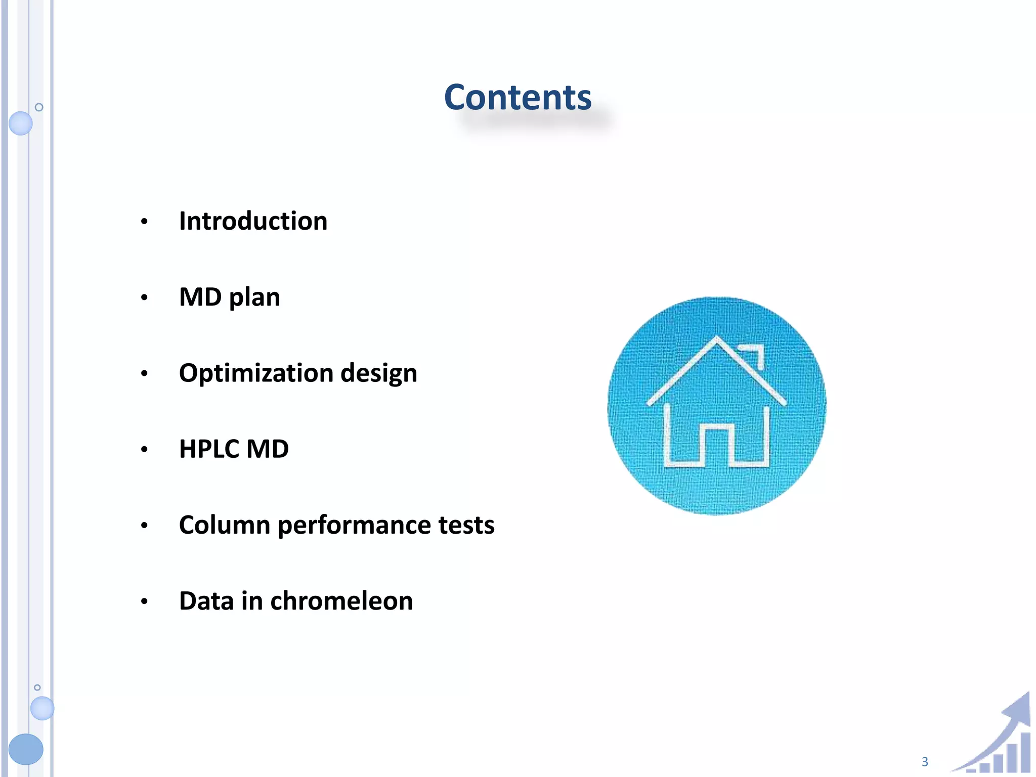 3
Contents
• Introduction
• MD plan
• Optimization design
• HPLC MD
• Column performance tests
• Data in chromeleon
 