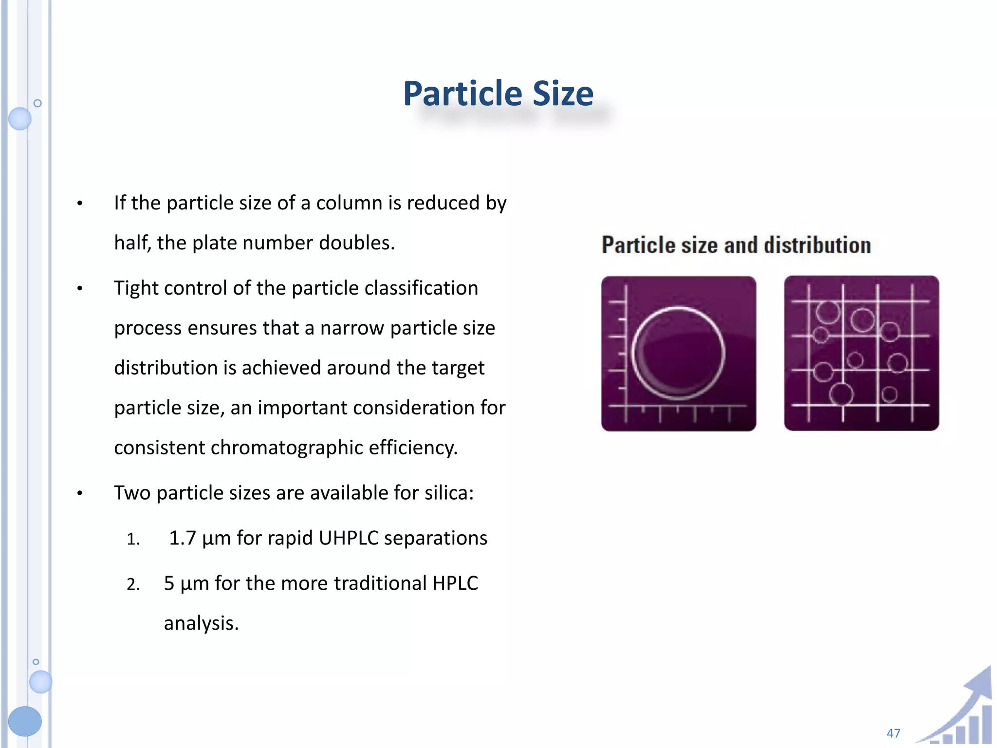 47
Particle Size
• If the particle size of a column is reduced by
half, the plate number doubles.
• Tight control of the particle classification
process ensures that a narrow particle size
distribution is achieved around the target
particle size, an important consideration for
consistent chromatographic efficiency.
• Two particle sizes are available for silica:
1. 1.7 μm for rapid UHPLC separations
2. 5 μm for the more traditional HPLC
analysis.
 