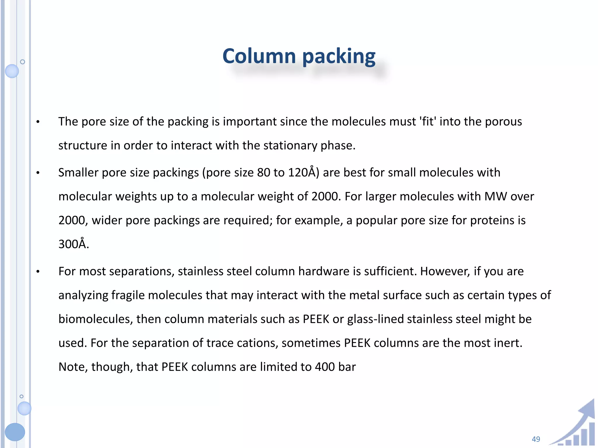 49
Column packing
• The pore size of the packing is important since the molecules must 'fit' into the porous
structure in order to interact with the stationary phase.
• Smaller pore size packings (pore size 80 to 120Å) are best for small molecules with
molecular weights up to a molecular weight of 2000. For larger molecules with MW over
2000, wider pore packings are required; for example, a popular pore size for proteins is
300Å.
• For most separations, stainless steel column hardware is sufficient. However, if you are
analyzing fragile molecules that may interact with the metal surface such as certain types of
biomolecules, then column materials such as PEEK or glass-lined stainless steel might be
used. For the separation of trace cations, sometimes PEEK columns are the most inert.
Note, though, that PEEK columns are limited to 400 bar
 