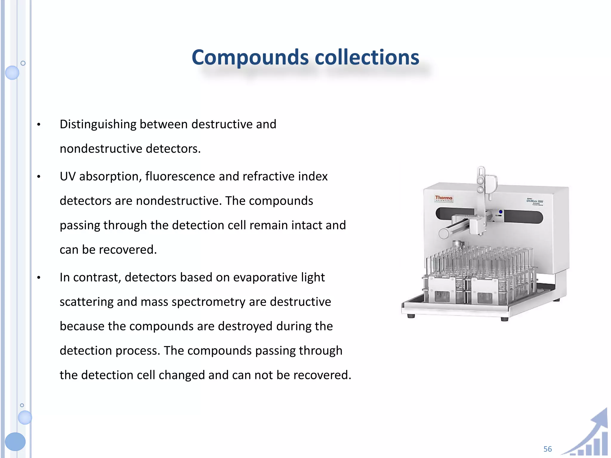 56
Compounds collections
• Distinguishing between destructive and
nondestructive detectors.
• UV absorption, fluorescence and refractive index
detectors are nondestructive. The compounds
passing through the detection cell remain intact and
can be recovered.
• In contrast, detectors based on evaporative light
scattering and mass spectrometry are destructive
because the compounds are destroyed during the
detection process. The compounds passing through
the detection cell changed and can not be recovered.
 