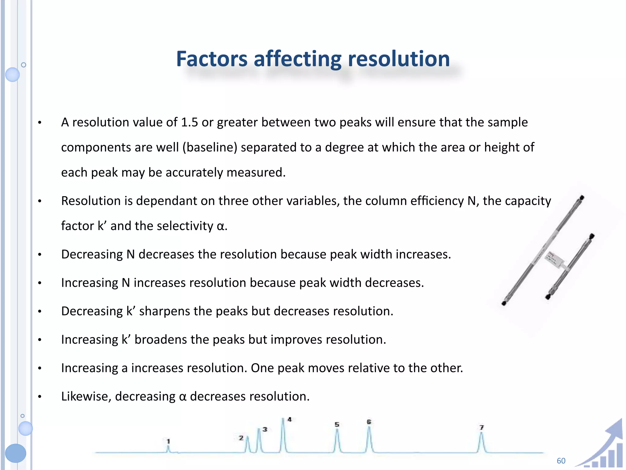 60
Factors affecting resolution
• A resolution value of 1.5 or greater between two peaks will ensure that the sample
components are well (baseline) separated to a degree at which the area or height of
each peak may be accurately measured.
• Resolution is dependant on three other variables, the column efﬁciency N, the capacity
factor k’ and the selectivity α.
• Decreasing N decreases the resolution because peak width increases.
• Increasing N increases resolution because peak width decreases.
• Decreasing k’ sharpens the peaks but decreases resolution.
• Increasing k’ broadens the peaks but improves resolution.
• Increasing a increases resolution. One peak moves relative to the other.
• Likewise, decreasing α decreases resolution.
 