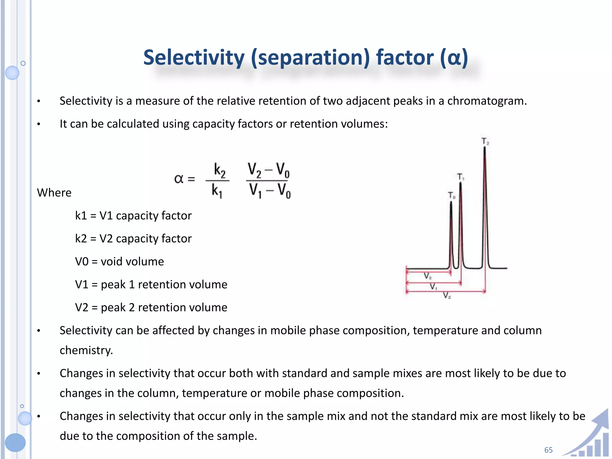 65
Selectivity (separation) factor (α)
• Selectivity is a measure of the relative retention of two adjacent peaks in a chromatogram.
• It can be calculated using capacity factors or retention volumes:
Where
k1 = V1 capacity factor
k2 = V2 capacity factor
V0 = void volume
V1 = peak 1 retention volume
V2 = peak 2 retention volume
• Selectivity can be affected by changes in mobile phase composition, temperature and column
chemistry.
• Changes in selectivity that occur both with standard and sample mixes are most likely to be due to
changes in the column, temperature or mobile phase composition.
• Changes in selectivity that occur only in the sample mix and not the standard mix are most likely to be
due to the composition of the sample.
 