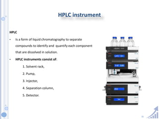 35
HPLC instrument
HPLC
• Is a form of liquid chromatography to separate
compounds to identify and quantify each component
that are dissolved in solution.
• HPLC instruments consist of:
1. Solvent rack,
2. Pump,
3. Injector,
4. Separation column,
5. Detector.
 