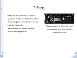 39
2. Pump
A device designed to deliver the mobile
phase at a controlled flow-rate to the
separation system.
• Before delivering the mobile phase to the
system, the pump mixes the solvents either in
constant proportion (isocratic) or in varying
proportion (gradient).
• The pump must mix solvents with high
accuracy and high precision.
 