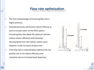 41
Flow rate optimization
• The main disadvantage of increasing flow rate is
higher pressure.
• Elevated pressures will shorten column lifetime as
well as increase wear on the HPLC system.
Increasing flow rate above the optimum will also
reduce column efficiency and resolution.
Decreasing the low rate reduces system wear.
However, it also increases analysis time.
• If the flow rate is reduced below optimum for the
particle size, it can reduce efficiency and
resolution due to increased band dispersion.
 