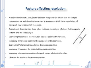 60
Factors affecting resolution
• A resolution value of 1.5 or greater between two peaks will ensure that the sample
components are well (baseline) separated to a degree at which the area or height of
each peak may be accurately measured.
• Resolution is dependant on three other variables, the column efﬁciency N, the capacity
factor k’ and the selectivity α.
• Decreasing N decreases the resolution because peak width increases.
• Increasing N increases resolution because peak width decreases.
• Decreasing k’ sharpens the peaks but decreases resolution.
• Increasing k’ broadens the peaks but improves resolution.
• Increasing a increases resolution. One peak moves relative to the other.
• Likewise, decreasing α decreases resolution.
 