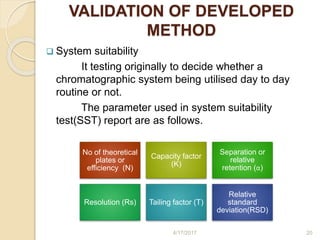 VALIDATION OF DEVELOPED
METHOD
 System suitability
It testing originally to decide whether a
chromatographic system being utilised day to day
routine or not.
The parameter used in system suitability
test(SST) report are as follows.
No of theoretical
plates or
efficiency (N)
Capacity factor
(K)
Separation or
relative
retention (α)
Resolution (Rs) Tailing factor (T)
Relative
standard
deviation(RSD)
4/17/2017 20
 