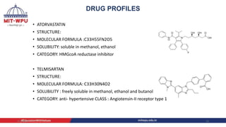 DRUG PROFILES
• ATORVASTATIN
• STRUCTURE:
• MOLECULAR FORMULA :C33H55FN2O5
• SOLUBILITY: soluble in methanol, ethanol
• CATEGORY: HMGcoA reductase inhibitor
• TELMISARTAN
• STRUCTURE:
• MOLECULAR FORMULA: C33H30N4O2
• SOLUBILITY : freely soluble in methanol, ethanol and butanol
• CATEGORY: anti- hypertensive CLASS : Angiotensin-II receptor type 1
4/6/2022 13
 